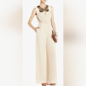 BCBGMaxAzria Cream Romper with Embellished Neckline